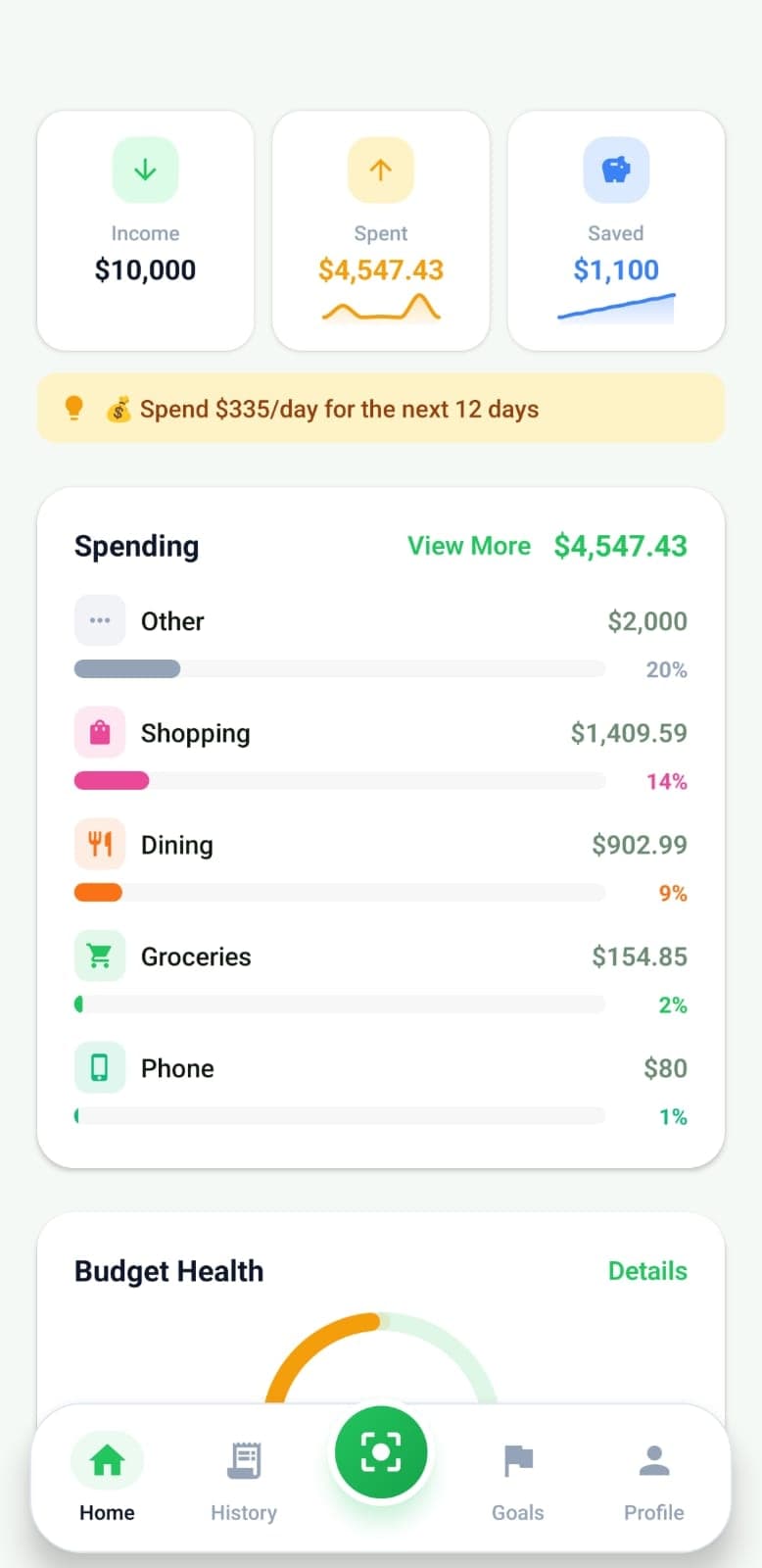 SnapExpense dashboard showing balance summary with income and spending