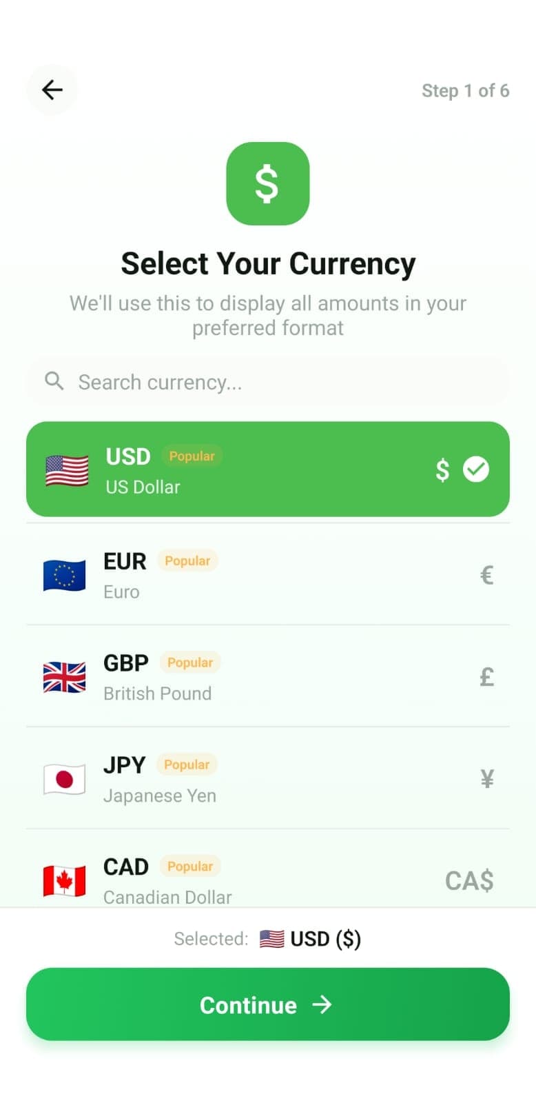 SnapExpense onboarding screen showing currency selection