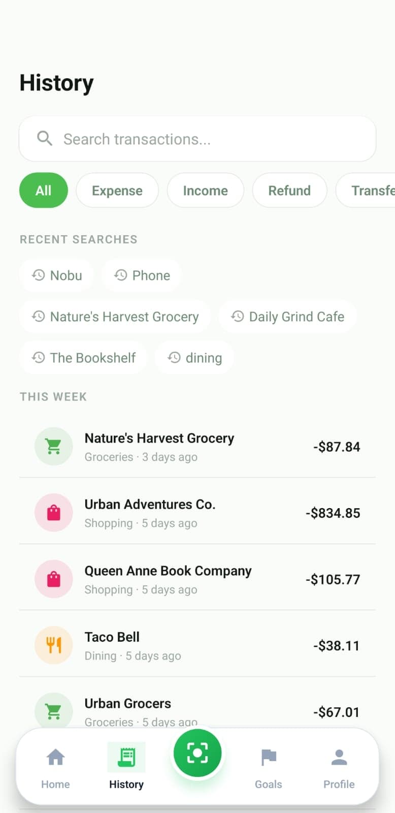 SnapExpense transaction history with categorized entries